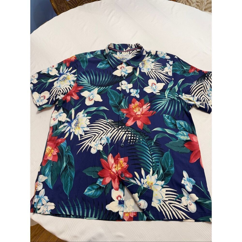Tommy Bahama Men’s Navy Blue Silk Floral Short Sleeve Button Up Shirt Size XL